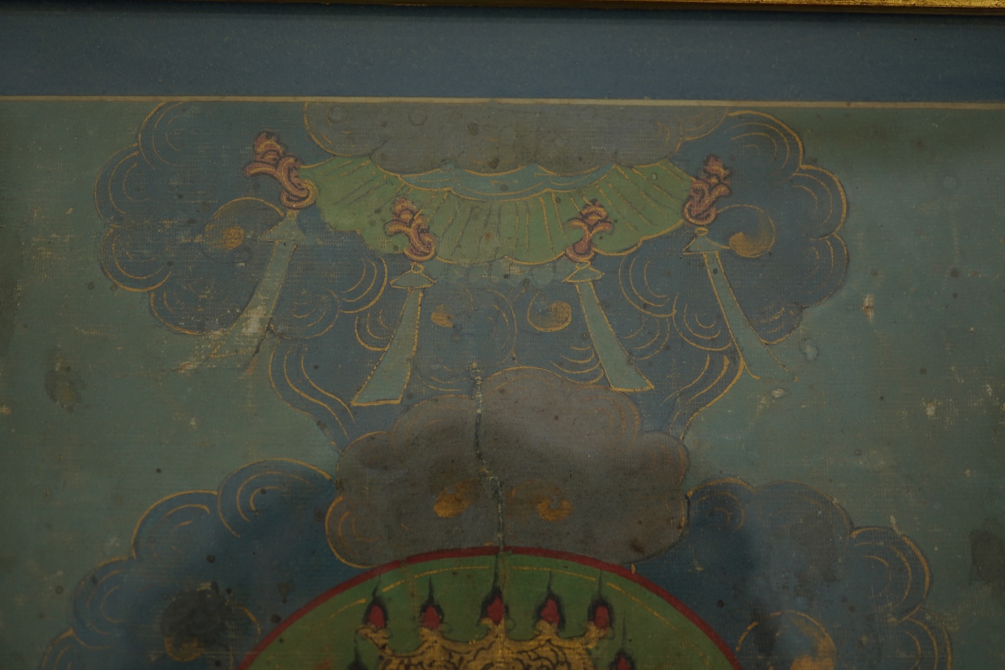 Sino-Tibetan School , (18th century or earlier), Bodhisattva seated on a throne, Painted thangka, 37cm x 22cm, gilt framed
